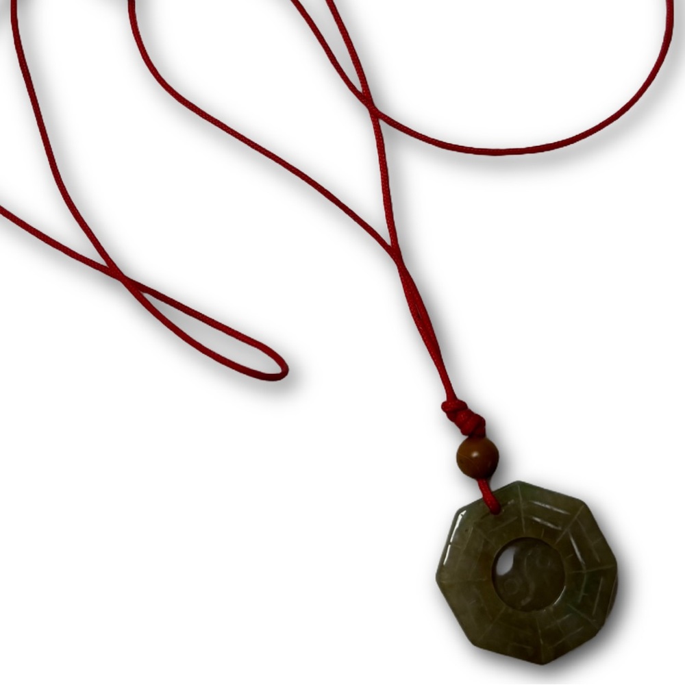 Estate Green Jade Octagon Pendant on Red Cord